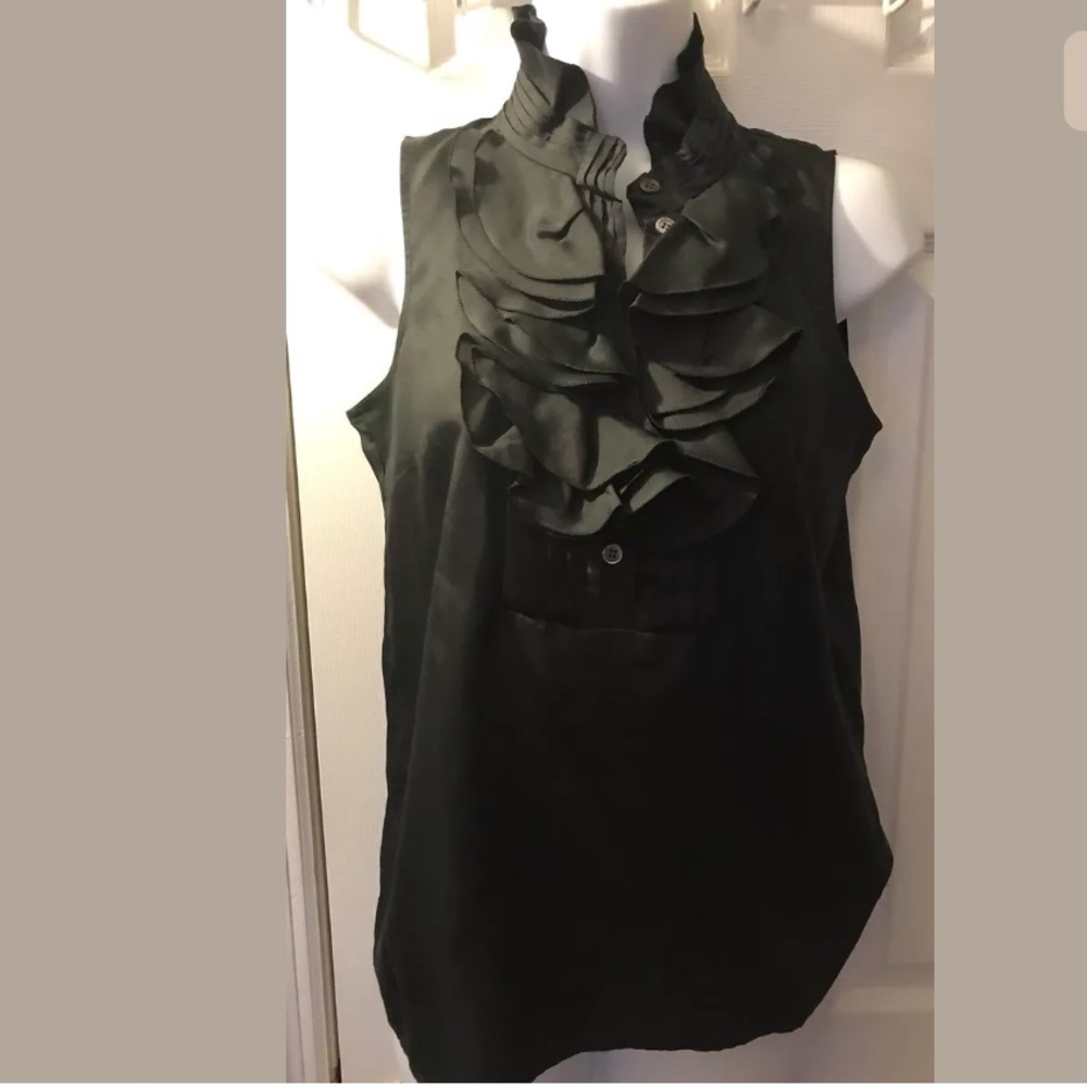 J. CREW Silk Frances Blouse Black Top Ruffle Feont Neckline Shirt Sleeveless